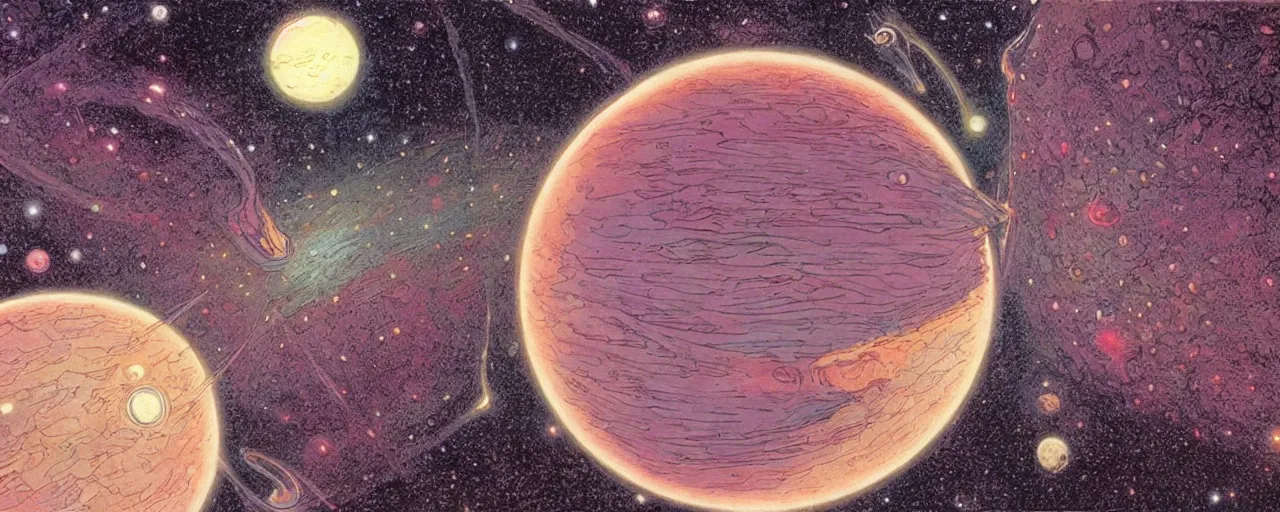Prompt: ” a beautiful planet at the end of the galaxy painted by moebius. ”