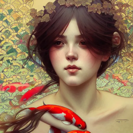 Image similar to Portrait of a girl surrounded by Koi fish, face, fantasy, intricate, elegant, highly detailed, digital painting, artstation, concept art, smooth, sharp focus, illustration, art by Krenz Cushart and Artem Demura and alphonse mucha