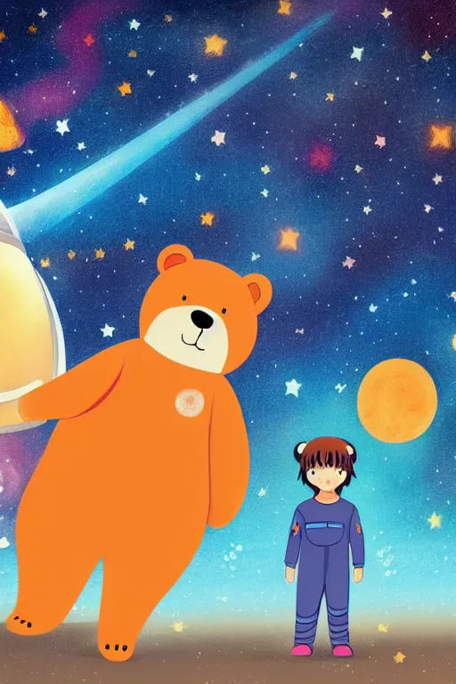 Prompt: a beautiful boy in pajamas and a bear, next to them a ship in the form of a space rocket in the background a galaxy full of stars, a planet full of holes, magic world. colorful, children's book cover, high detail illustration, sharp high detail, manga and anime