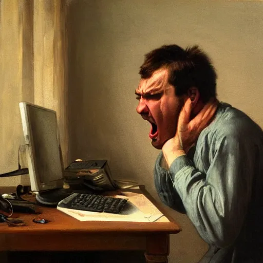 Image similar to an angry man yells at his computer monitor, oil on canvas, 1 8 8 3, highly detailed, high resolution