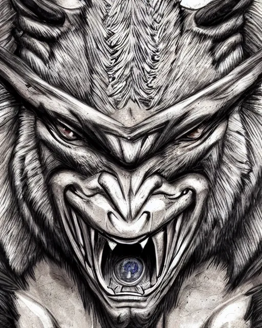 Image similar to A minotaur wolf, terrifying face, highly detailed face, close-up, fantasy art, monster art, in the style of masami kurumada, illustration, epic, fantasy, intricate, hyper detailed, artstation, concept art, smooth, sharp focus, ray tracing