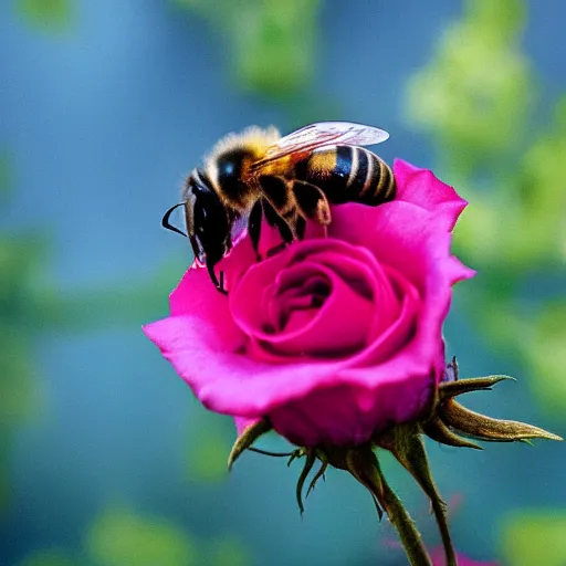 Prompt: bee on rose photograph