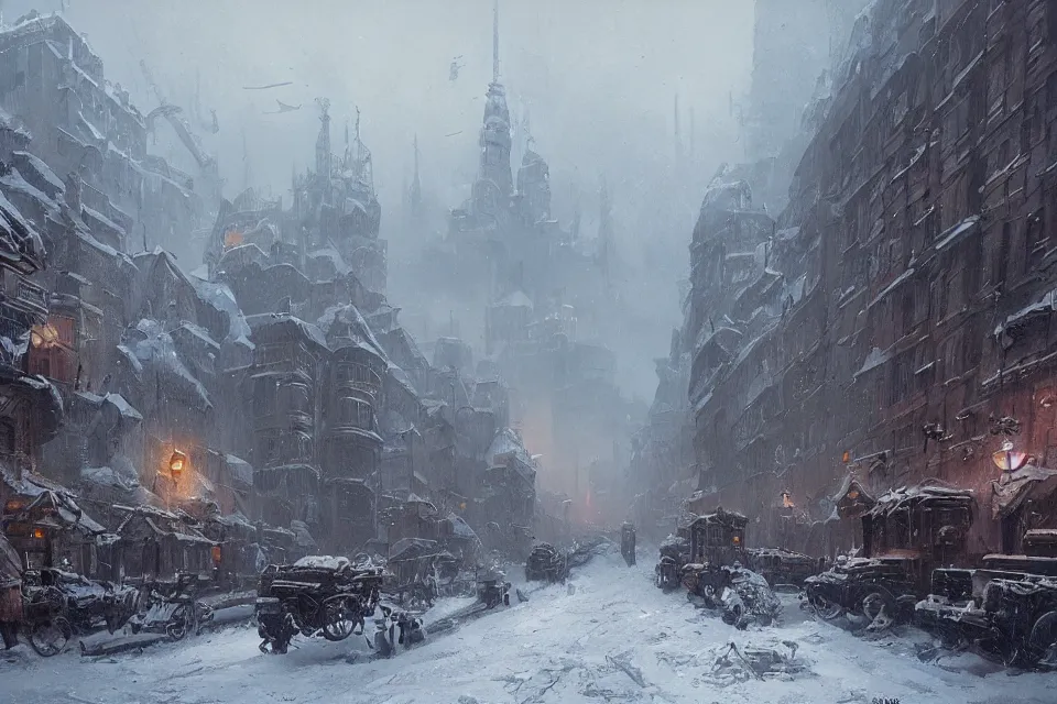 Image similar to highly detailed painting of dieselpunk stockholm, winter, snow, dystopia, by greg rutkowski, by raphael lacoste, 4 k resolution, trending on artstation