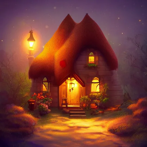 Prompt: cozy fantasy cottage at night, glowing with lamplight, amazing, trending on artstation
