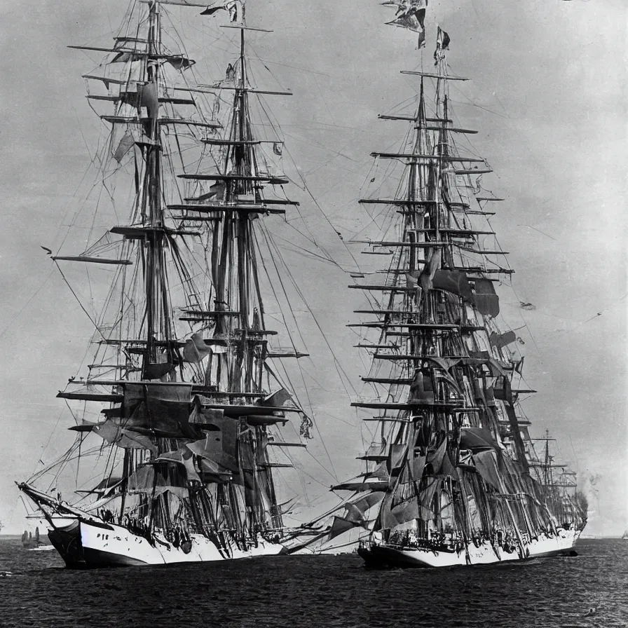 Image similar to the bluenose schooner is being attacked by an american battleship. photograph from life magazine