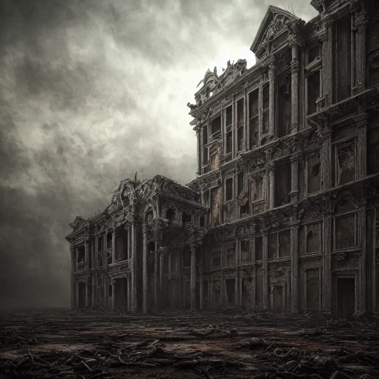 Image similar to ribbed abandoned giant building, baroque painting, standing in a desolate empty wasteland, creepy, nightmare, dream-like heavy atmosphere, surreal abandoned buildings, beautiful detailed intricate insanely detailed octane render trending on Artstation, 8K artistic photography, photorealistic, chiaroscuro, Raphael, Caravaggio, Beksinski, Giger