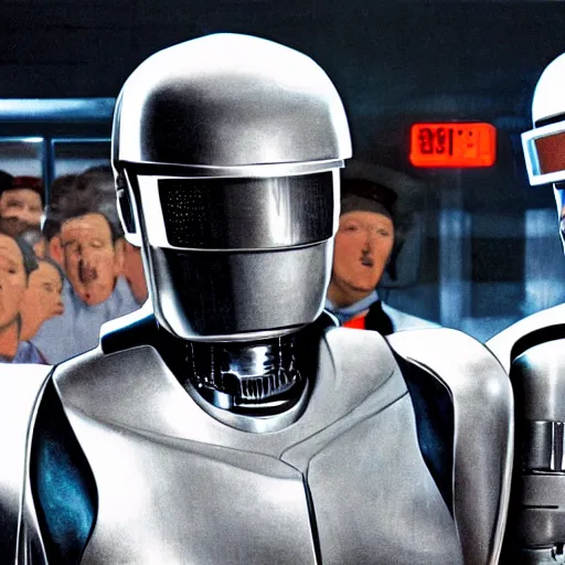 Prompt: robocop arresting humans, detailed facial expression