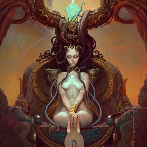 Image similar to lovely medusa in her throne room, realistic, intricate, highly detailed, peter mohrbacher
