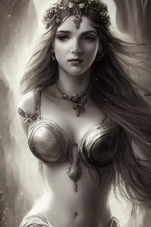 Image similar to beautiful young aphrodite goddess, archer, realistic face, beautiful eyes, black and white drawing, in the style of greg rutkowski, fantasy, amazing detail, hyperrealistic, hyperdetailed, high resolution, epic, intricate, elegant, style of laura sava, smooth, sharp focus