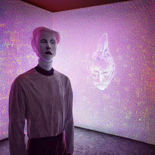 Prompt: a portrait of a beautiful phantom king in a holographic room, photographed by erwing olaf