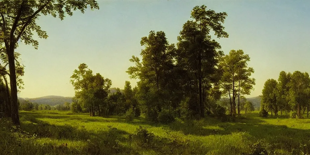 Image similar to Peaceful landscape, early morning, lush field, forest, matte painting, by Isaac Levitan and Asher Brown Durand