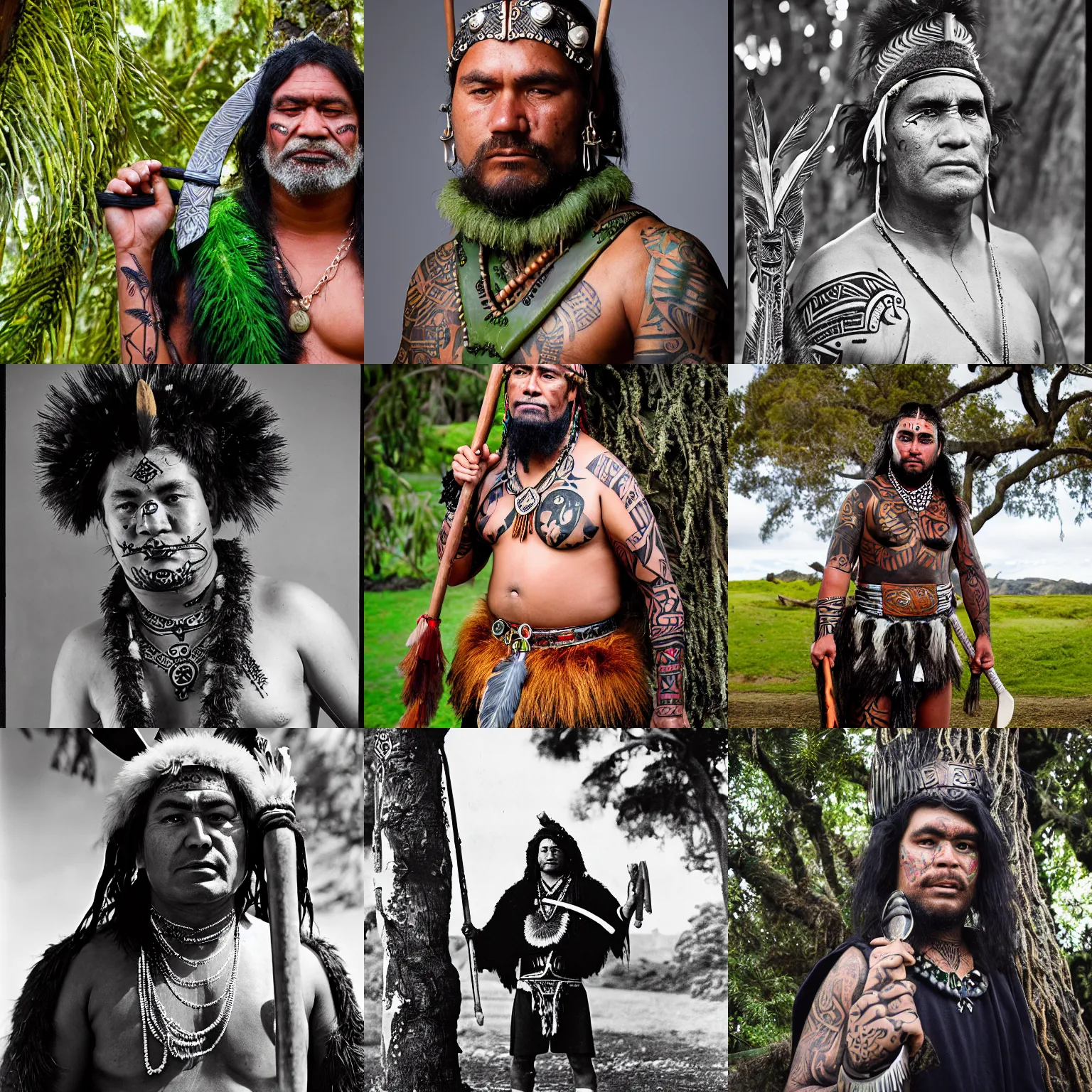 Prompt: Portrait of male Māori warrior holding a jade club, traditional face tattoo, staring at an ancient Rimu tree, wearing greenstone jewellery and a feather cloak. Standing next to him is a 1750’s English sailor. 100 mm lens