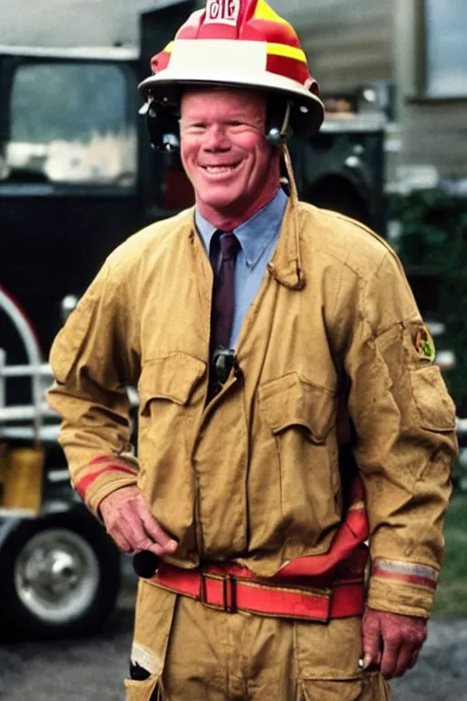 Prompt: kevin tighe wearing a fireman helmet with the number 5 1 on it, standing in a fire laughing