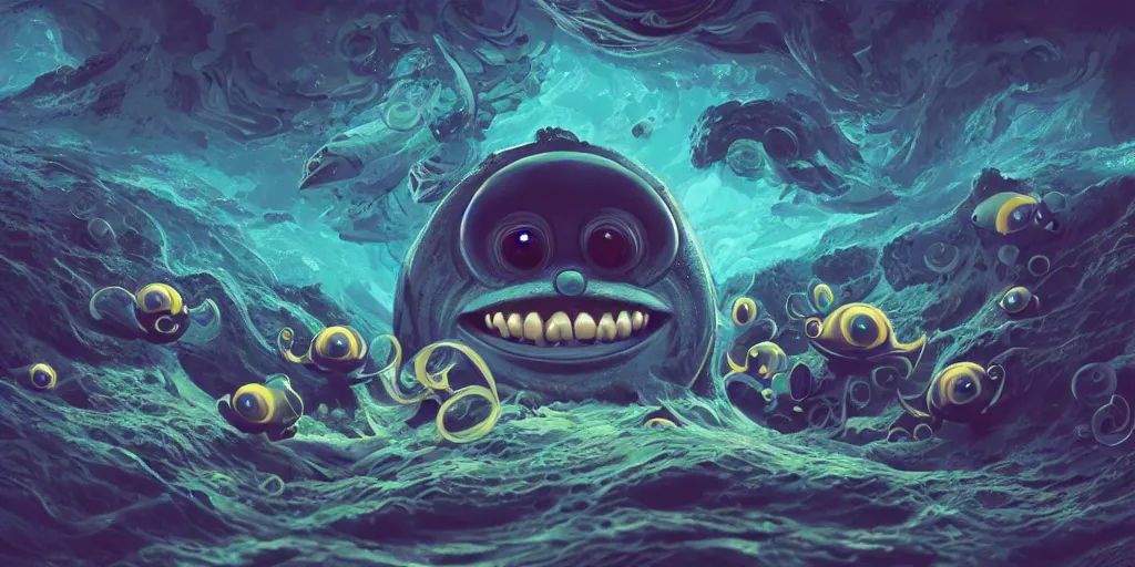 Image similar to of an intricate deep sea with strange cute friendly happy creatures with huge eyes, long tongue, round teeth and goofy funny face, appearing from the background, in the style of gehry and gaudi, macro lens, shallow depth of field, ultra detailed, digital painting, trending artstation, concept art, illustration, cinematic lighting, photorealism, epic, octane render