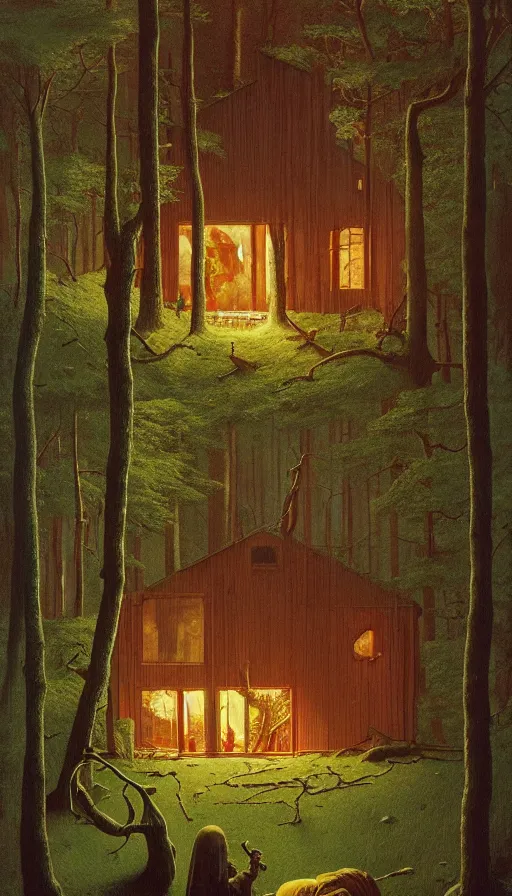 Image similar to cozy home in the woods moody lighting, highly detailed, painting by zdzisław beksinski and norman rockwell and greg rutkowskiweta studio, and lucasfilm