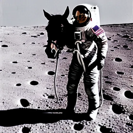 Image similar to old photo of an astronaut on his horse, photo taken on the moon