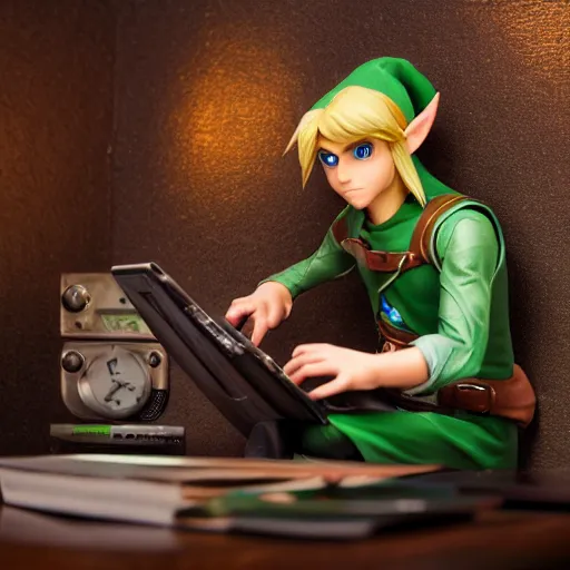 Prompt: Link from Zelda, sitting at a desk programming on a computer, close-up shot, cozy, indoor lighting, hyperdetailed, high resolution, insanely detailed and intricate, Yusuke Nakano