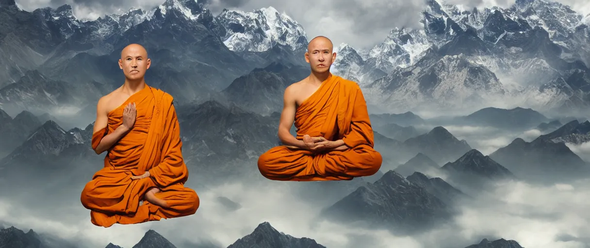 Prompt: buddhist monk in lotus position flying in front of camera over himalaya mountains lake in weightlessness, small foggy and blue gloomy, bokeh background, highly detailed science fiction illustration by jeremy geddes. photorealistic, octane render, hyper detailed, 8 k, movie still, artstation, unreal engine