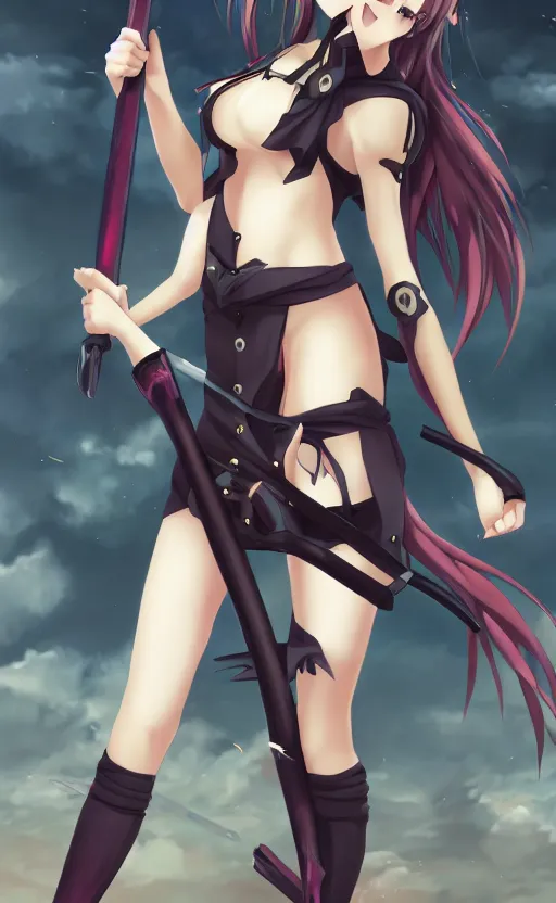 Prompt: a playful anime girl teasing you with her scythe, trending on pixiv, dark and eerie, highly detailed, sharp