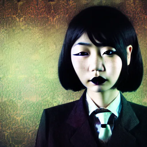 Image similar to yoshitaka amano blurred and dreamy realistic three quarter angle portrait of a young asian woman with black lipstick and black eyes wearing dress suit with tie, junji ito abstract patterns in the background, satoshi kon anime, noisy film grain effect, highly detailed, renaissance oil painting, weird portrait angle, blurred lost edges