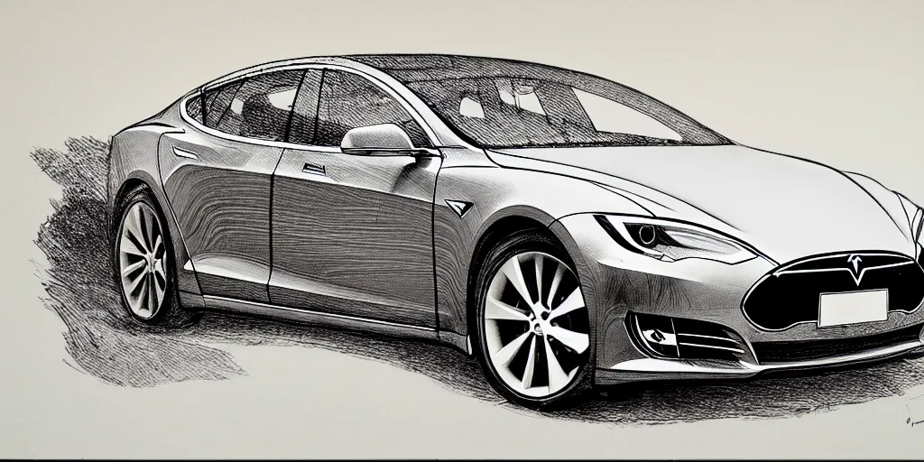 Prompt: tesla model s, yellowed paper, pen and ink, 1 5 0 0 s, 8 k resolution