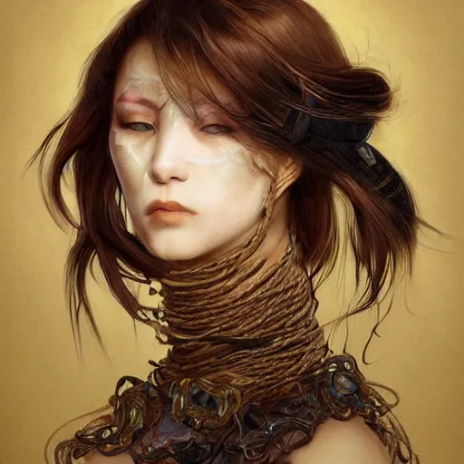 Image similar to portrait of a Shibari rope wrapped face and neck, headshot, insanely nice professional hair style, dramatic hair color, digital painting, of a old 13th century, traveler, amber jewels, baroque, ornate clothing, scifi, realistic, hyperdetailed, chiaroscuro, concept art, art by Franz Hals and Jon Foster and Ayami Kojima and Amano and Karol Bak,