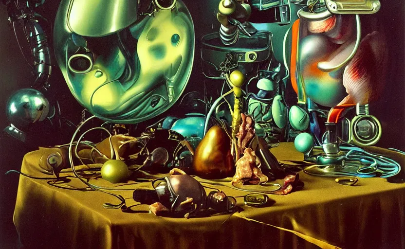 Prompt: strange seductive futuristic robot body, enticing colorful oil painting dutch golden age vanitas still life sparse composition with bulbous objects strange gooey transparent surfaces shiny metal reflections bizarre mutant meat insects rachel ruysch dali todd schorr very detailed perfect composition rule of thirds masterpiece canon 5 0 mm, cinematic lighting, photography, retro, film, kodachrome