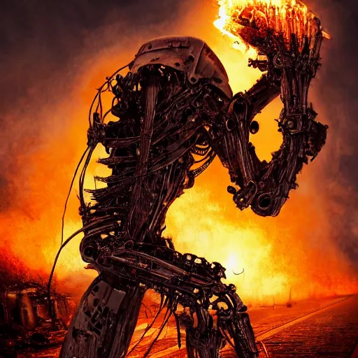 Image similar to death robot shredding flaming guitar, standing in ruined burning street by Yoshitaka Amano, by HR Giger, biomechanical, 4k, hyper detailed, hyperrealism, anime, a Blood Moon rising on a Broken World, deviantart, artstation