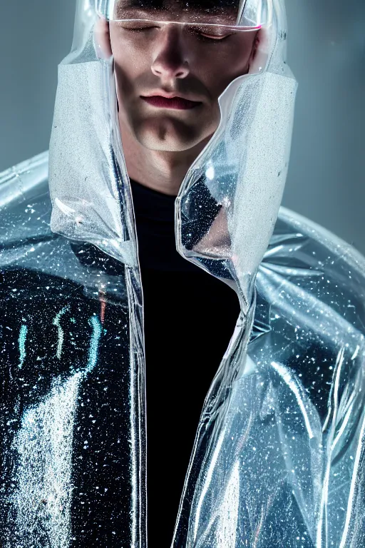 Image similar to an ultra high definition professional high fashion portrait studio full length photograph of a male model falling asleep wearing a transparent pearlescent raincoat and neon visor in an icelandic black rock environment at dawn. no artefacts. extremely detailed. stark. refraction. shallow depth of field. volumetric light and shadow. ray tracing. light rays.