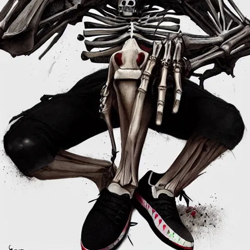 Prompt: a cool skeleton wearing nike shoes and a gucci shirt,digital art,realistic,detailed,art by greg rutkowski