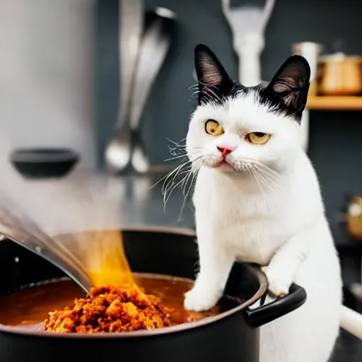 Image similar to photo of ugly black and white exotic shorthair cat cooking a pot of chili in a modern kitchen