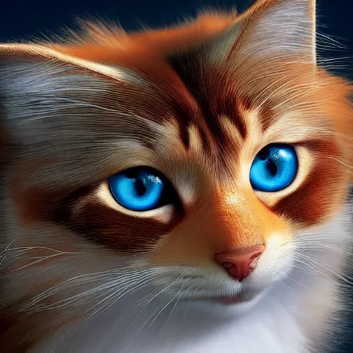 Image similar to orange norwegian forest cat, cuddly fur, pixar cute, blue eyes, highly detailed, sharp focus, digital painting, artwork by Victor Adame Minguez + Yuumei + Tom Lovell + Sandro Botticelli