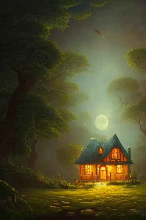 Image similar to a beautiful digital illustration painting of a fantasy little house in the night forest whimsical benoit b. mandelbrot, steven belledin, martin johnson heade, lee madgwick, caspar david friedrich, and david rios ferreira. 8 k resolution trending on artstation concept art digital illustration