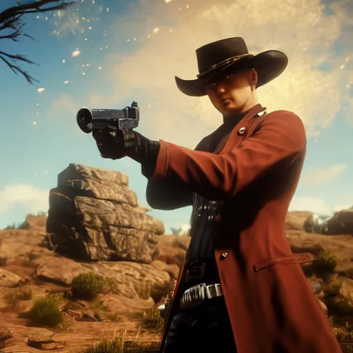 Image similar to an artistic portrait of one punch man holding gun in the red dead redemption 2 character art style, digital art, trending on artstation, behance, ray tracing x, wet reflections, unreal engine 5, intricate details, fantasy, hyper realism, humongous view, smooth, cinematic