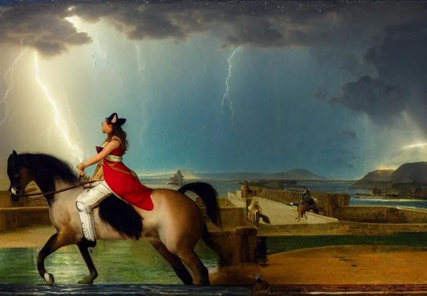 Image similar to Girl riding the horse on the palace bridge, refracted sparkles, thunderstorm, greek pool, beach and Tropical vegetation on the background major arcana sky, by paul delaroche, hyperrealistic 4k uhd, award-winning, very very very detailed