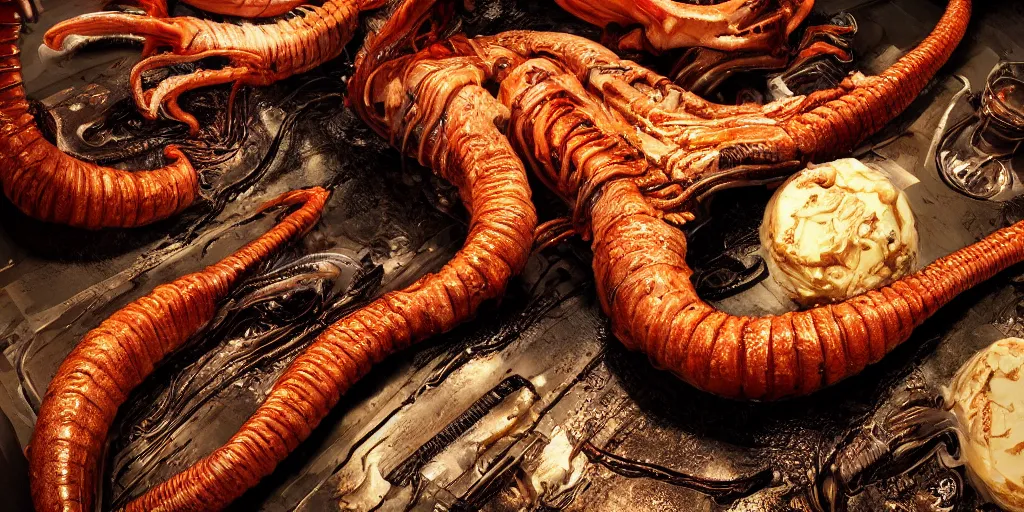 Prompt: Delicious roasted xenomorph, 4K, volume light, soft light, food photography, award winning photography, detailed rendering, unreal engine, 8k