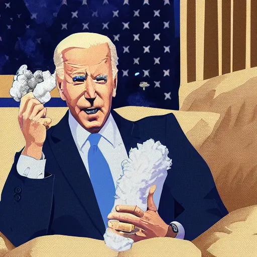 Image similar to joe biden is holding a giant rolled up joint while sitting on a couch in a messed up apartment, stoned eyes, smoke, beautiful digital art, amazing detail, artstation, award winning, sharp
