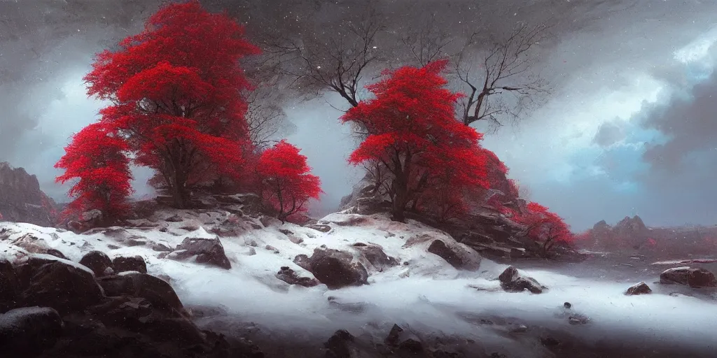 Image similar to A beautiful oil painting of a rocky valley covered in snow, trees with red leaves, thunderstorm in the sky, blue lighting, gloomy, atmospheric lighting, detailed, by greg rutkowski, trending on artstation