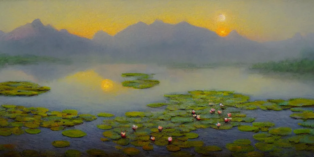 Image similar to impressionism painting of a pond of water lily on a foggy morning, sun low on horizon through snow capped mountains, soft light, misty