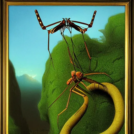 Image similar to antropromorphic stick insect, fantasy concept art, painting by Martin Johnson Heade