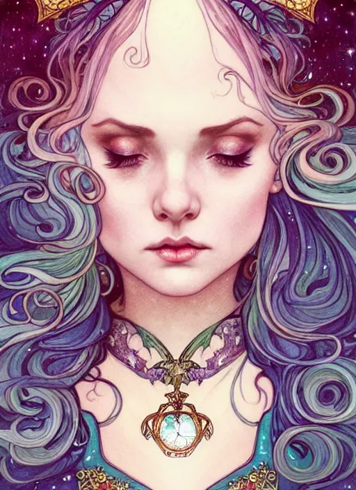 Image similar to fantastic portrait of a beautiftul witch with some shinny star, crown, royally decorated crystal gemstones, symmetrical face, art nouveau, portrait, cute, fairy, by artgerm, kelly mckernan, charlie bowater, alphonse mucha, detailed background, artstation, intricate, elegant, highly detailed, colorful, maximalist