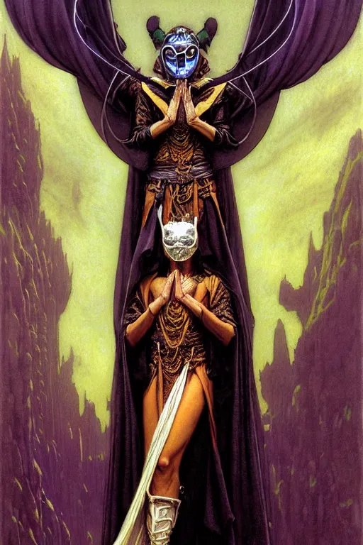 Prompt: soaring woman wearing a big mask. huge long blades behind head. dressed in a long robe with wide sleeves and making namaste gesture. fullbody highly detailed portrait, blurred background, concept art, masterpiece, fantasy art, hyperdetailed, hyperrealism, art by hildebrandt, donato giancola, larry elmore, arthur rackham