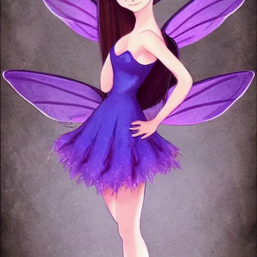 Image similar to very very very beautiful tiny fairy woman in her 20s with fairy wings wearing skintight purple dress, making eye contact, smiling, flirty, perfect body, perfect face, drawn by charles bowater