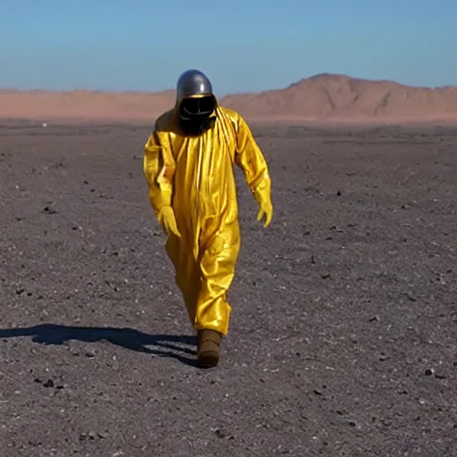 Image similar to a man wearing a hazmat suit and gasmask, in the desert, film still, directed by vince gilligan