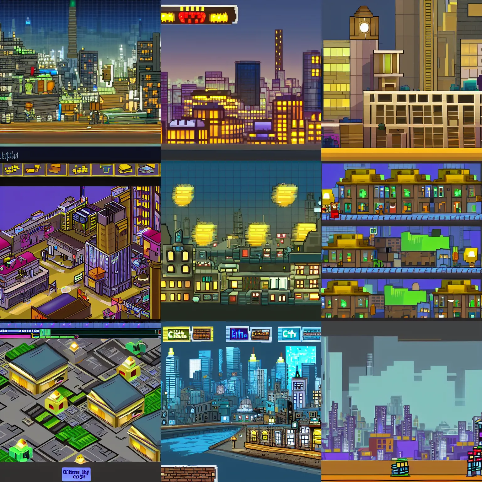 Prompt: city night in background pixelated, high detail, unity 2 d, plataform 2 d game, sprite 2 d, game maker