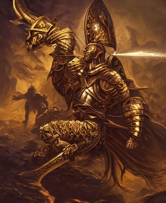 Image similar to strong warrior, fantasy, man, gilded shiny armour, contrast, holy, paladin, highly detailed, digital painting, artstation, concept art, wallpaper, smooth, sharp focus, illustration, illumination, raytracting, art by larry elmore, jeff easley, clyde waldwell, keith parkinson, daniel r horne