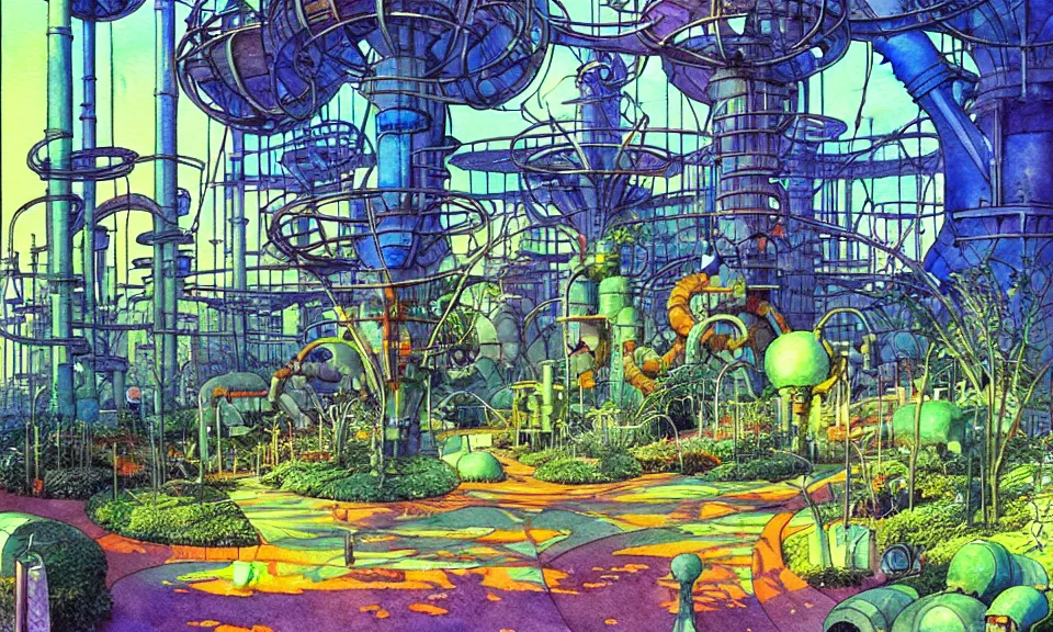 Prompt: futuristic industrial garden, watercolor by moebius and clamp, backlighting, vibrant palette, highly detailed