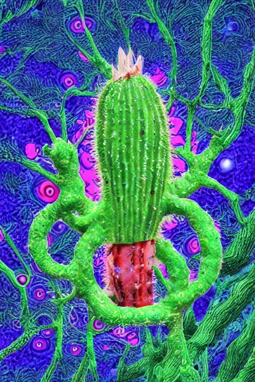 Image similar to creature sushi roots cactus elemental flush of force nature micro world fluo light deepdream