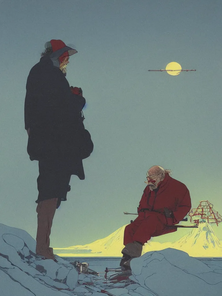 Prompt: a closeup portrait of an old man taking mind altering drugs, a blotter paper of lsd acid and dreaming psychedelic hallucinations in the vast icy landscape of antarctica, by kawase hasui, moebius, edward hopper, colorful flat surreal design, dramatic lighting, hd, 8 k, artstation