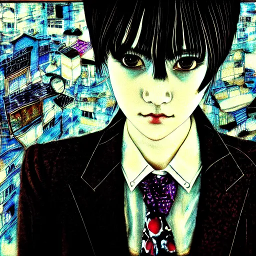 Image similar to yoshitaka amano blurred and dreamy realistic three quarter angle portrait of a young woman with short hair and black eyes wearing office suit with tie, junji ito abstract patterns in the background, satoshi kon anime, noisy film grain effect, highly detailed, renaissance oil painting, weird portrait angle, blurred lost edges